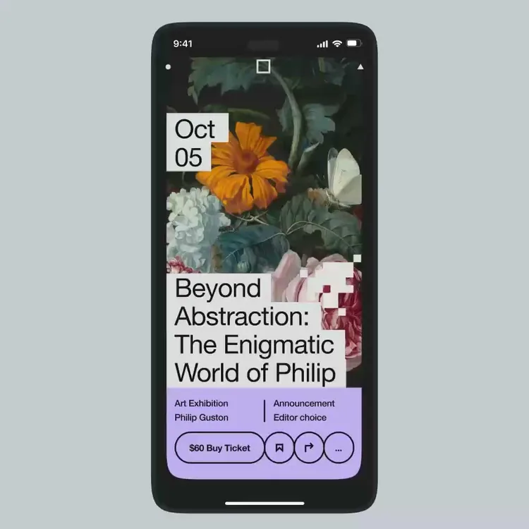 EventGenie exhibition listing scrolling on a phone